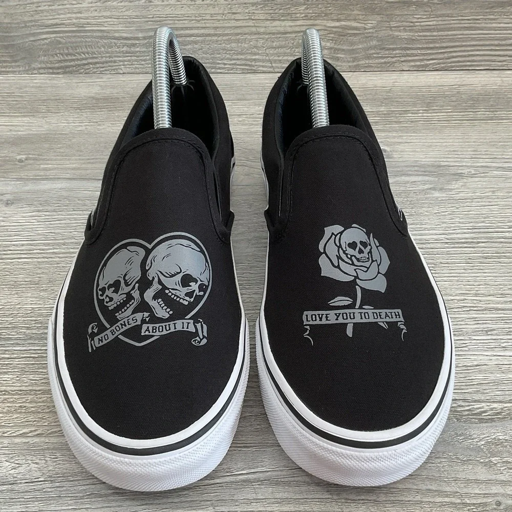 VANS Slip On Love You To Death Black Silver Canvas Shoes Womens Size 10 Mens 8.5